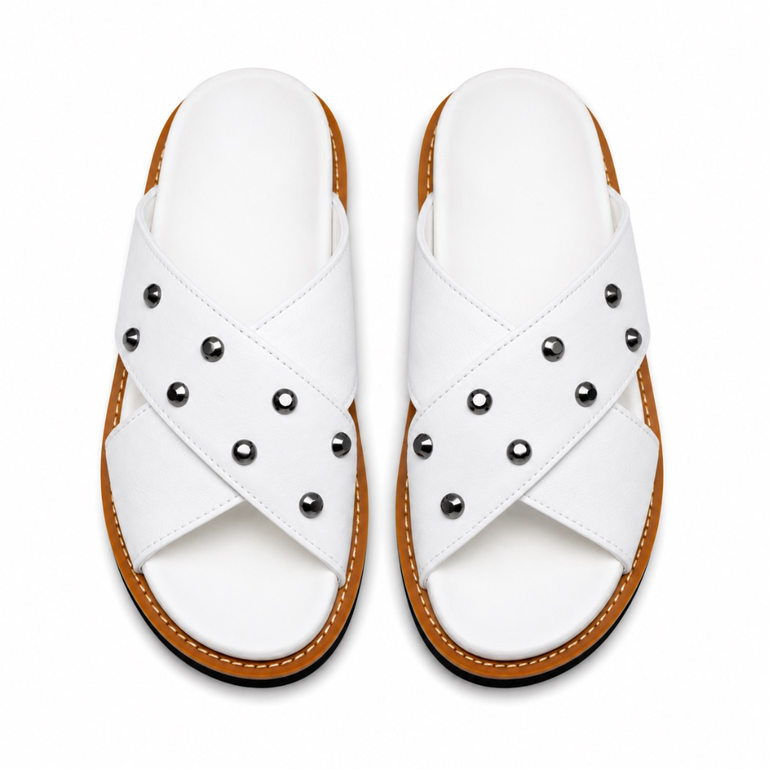 Mens White Strap Sandals with Studded Design